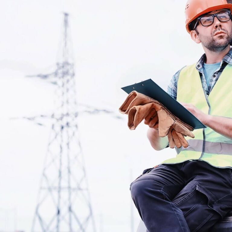 img-construction-worker A Man In A Helmet And Uniform, An Electrician In The Field. Prof