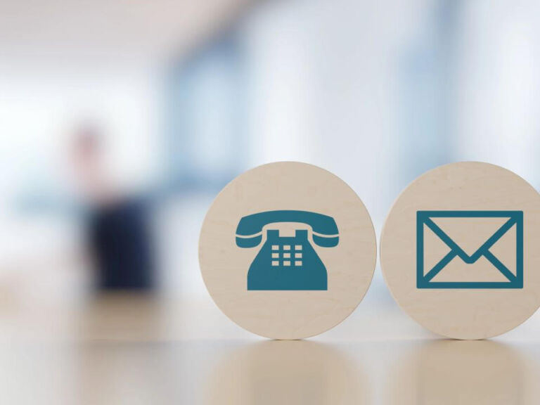 Wooden Round Telephone, Envelope Letter And E Mail Symbols In A
