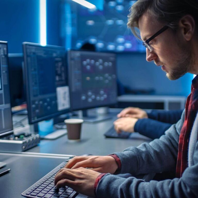 img-programmer Software Developer Programming, Finding Solutions While Working On Desktop Computers In Data Center System Control Room. Team Of Young Professionals Doing High Tech Coding